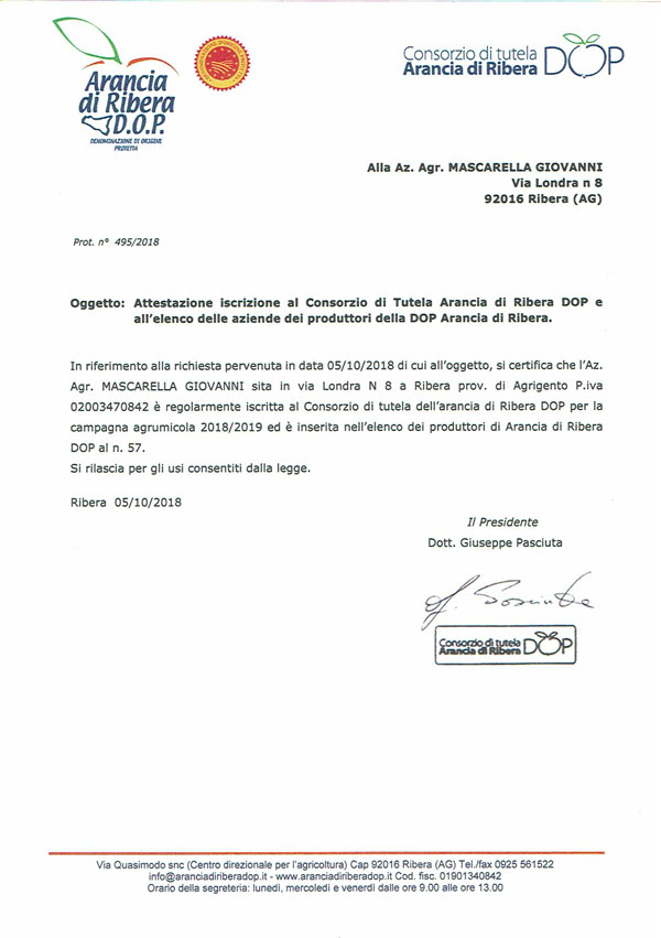 Certificato Arancia di Ribera DOP